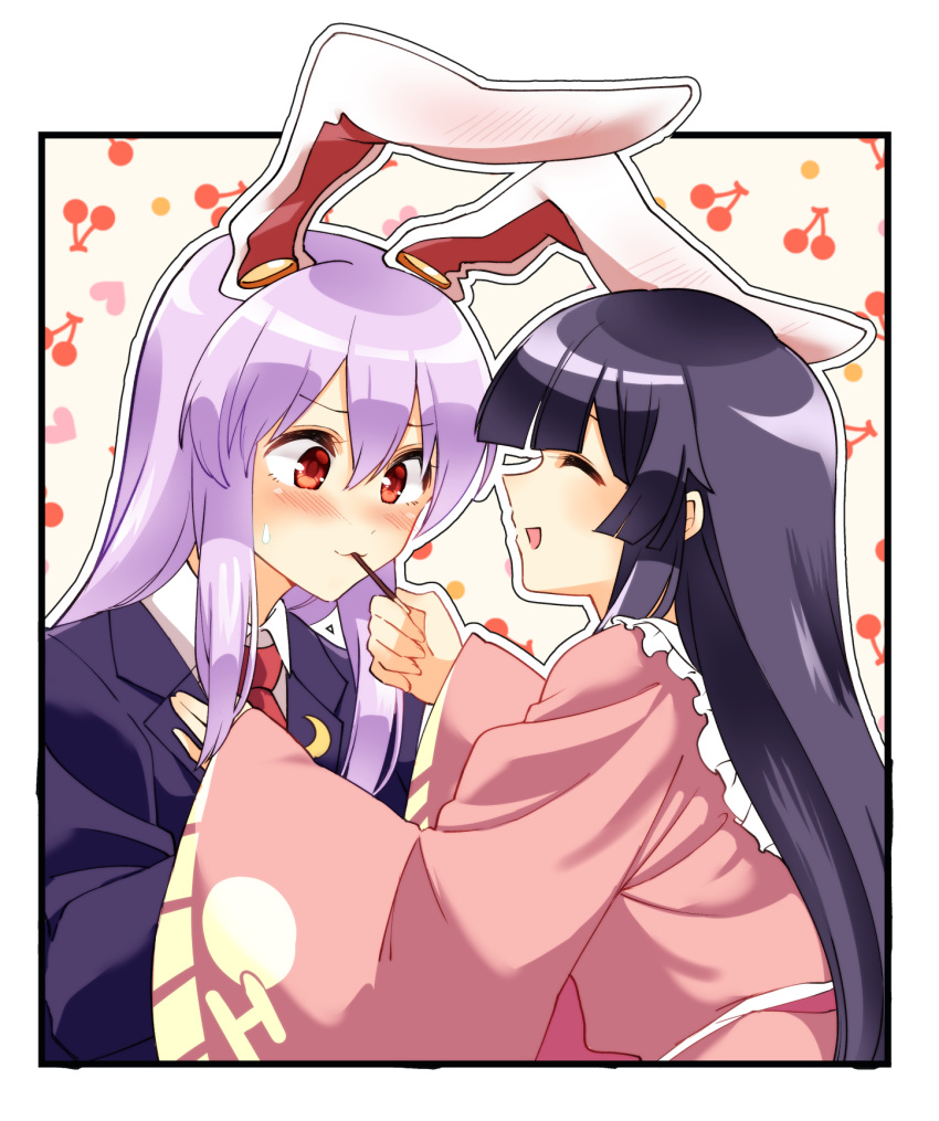 2girls :3 :d ^_^ animal_ears bangs beige_background black_hair black_jacket blazer blunt_bangs blush border cherry closed_eyes commentary_request crescent crescent_moon_pin eyebrows_visible_through_hair food frilled_shirt_collar frills from_side fruit hair_between_eyes highres holding houraisan_kaguya jacket long_hair long_sleeves looking_at_another mana_(tsurubeji) multiple_girls open_mouth outline outside_border pink_shirt pocky profile purple_hair rabbit_ears red_eyes reisen_udongein_inaba shirt smile sweat touhou upper_body very_long_hair white_border white_outline wide_sleeves yuri