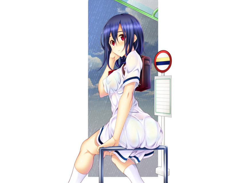 1girl animal_hand arm_support ass ass_support bag bangs beelzebub_(zyvp2552) blue_hair blush bow bowtie bra bralines breasts bus_stop carrying closed_mouth commentary_request dress from_behind highres light_frown long_hair looking_at_viewer looking_back medium_breasts official_art original outside_border panties pantylines railing rain red_eyes road_sign school_bag school_uniform see-through short_dress sign single_horizontal_stripe sitting socks solo underwear wet wet_clothes wet_dress wet_hair white_background white_dress white_legwear