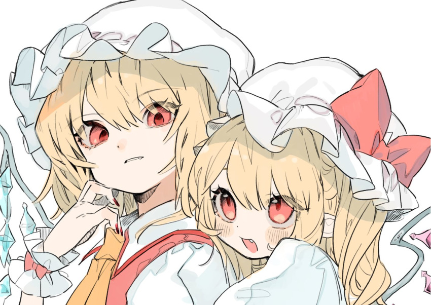 2girls ascot bangs blonde_hair blush bow commentary_request crystal dual_persona eyebrows_visible_through_hair fang flandre_scarlet gotoh510 hair_between_eyes hand_up hat hat_bow long_hair looking_at_another mob_cap multiple_girls nail_polish one_side_up open_mouth parted_lips pointy_ears puffy_short_sleeves puffy_sleeves red_bow red_eyes red_nails red_vest shirt short_sleeves simple_background touhou vest white_background white_headwear white_shirt wings wrist_cuffs yellow_neckwear
