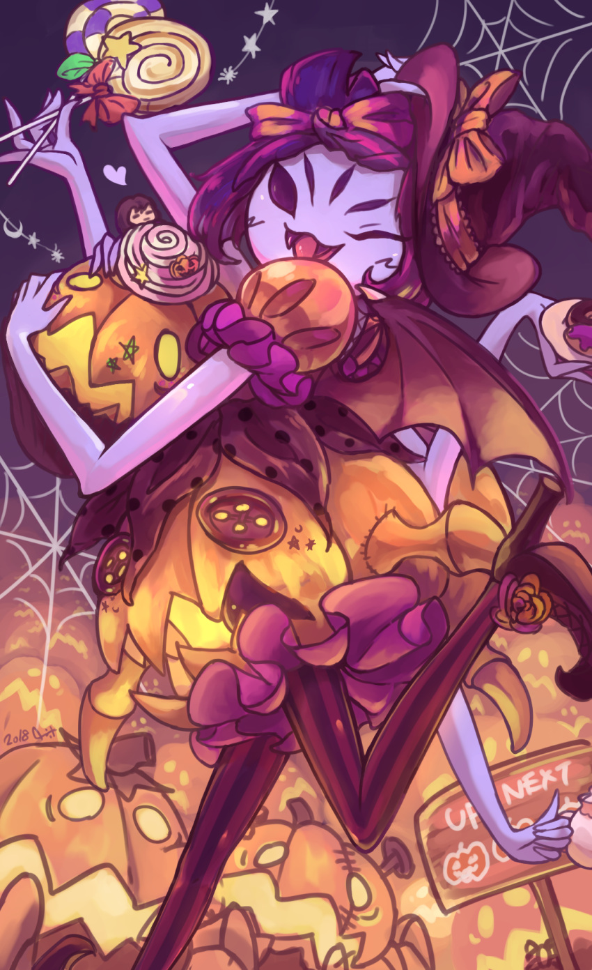 1girl ;d arm_up bat_wings black_background black_hair black_headwear bow candy cupcake dated doughnut extra_eyes fangs food frisk_(undertale) hair_bow halloween hat hat_bow highres holding_candy holding_pumpkin insect_girl jack-o'-lantern lollipop monster_girl muffet muffet's_pet multiple_arms one_eye_closed open_mouth orange_bow pantyhose puffy_short_sleeves puffy_sleeves purple_skin shake_(nogard) short_sleeves silk smile spider_girl spider_web striped striped_legwear teapot tongue tongue_out undertale wings witch_hat