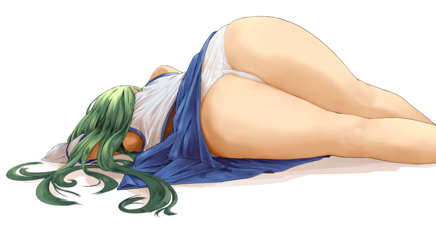 1girl ass bare_legs blue_skirt commentary_request detached_sleeves from_behind kanji_(white7night) kochiya_sanae long_hair lying miniskirt on_ground panties shadow shirt simple_background skirt solo touhou underwear white_background white_panties white_shirt