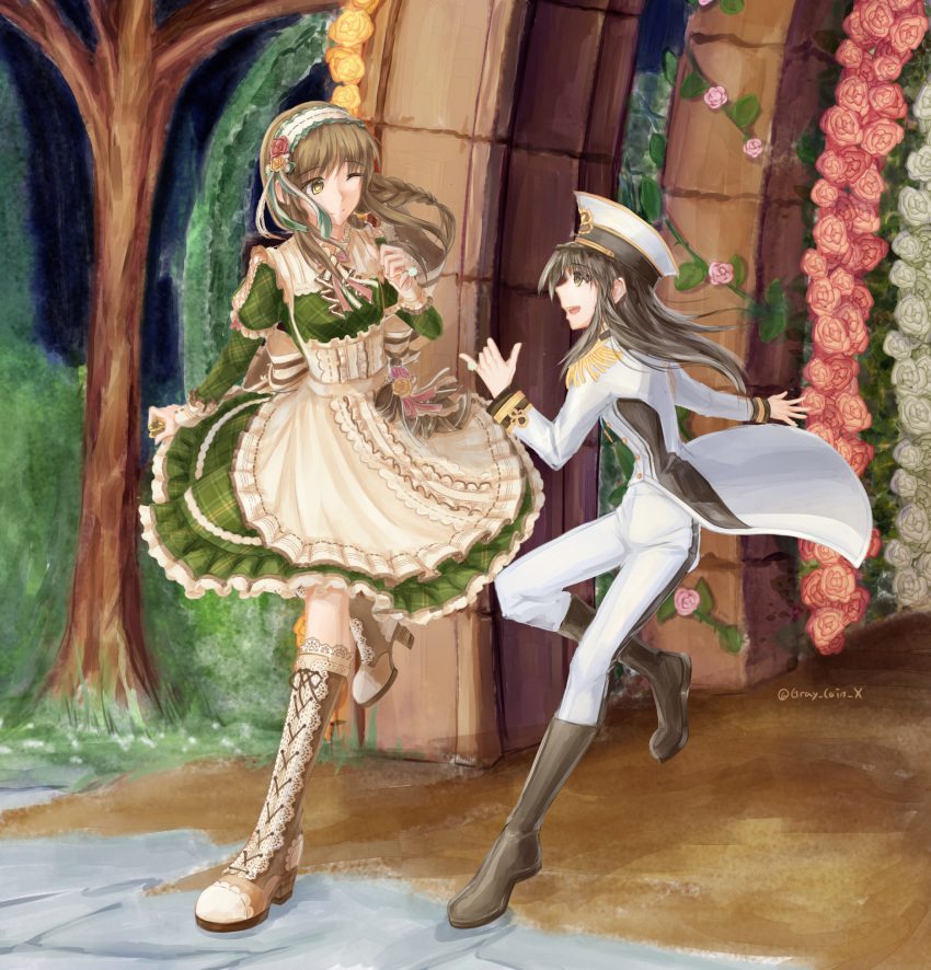 2girls black_hair boots bow braid brown_eyes brown_hair commentary_request dress epaulettes frilled_dress frills full_body gray_coin hair_braid hairband hat highres idolmaster idolmaster_cinderella_girls idolmaster_cinderella_girls_starlight_stage long_hair long_sleeves maid maid_headdress military military_uniform multiple_girls naval_uniform one_eye_closed open_mouth peaked_cap seizon_honnou_valkyria tachibana_arisu takamori_aiko twin_braids uniform