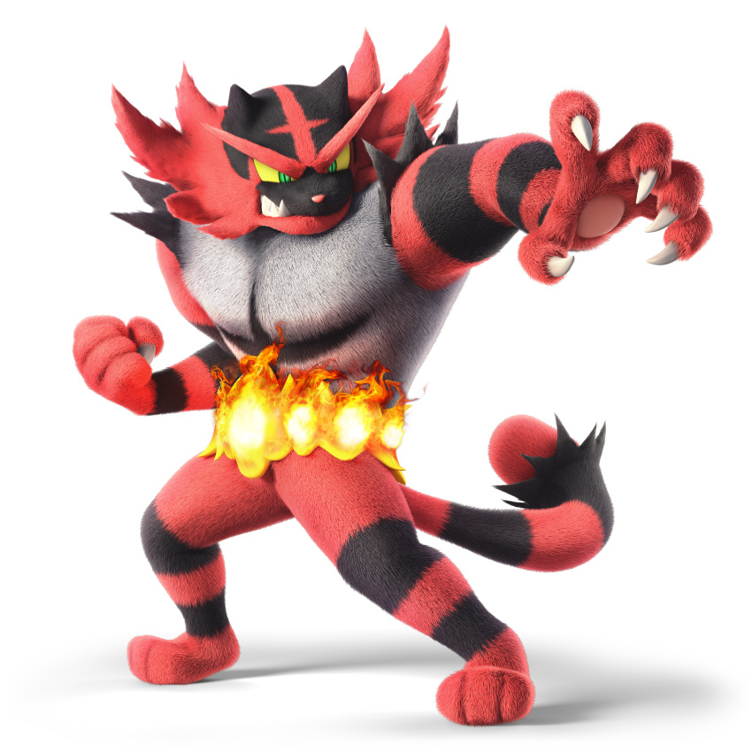 3d absurdres animal_ears arm_up cat_ears cat_tail claws clenched_hand clenched_teeth fire full_body furry gen_7_pokemon green_eyes hand_up highres huge_filesize incineroar legs_apart no_humans official_art outstretched_arm pokemon pokemon_(creature) sharp_teeth smile solo striped super_smash_bros. tail teeth transparent_background yellow_sclera