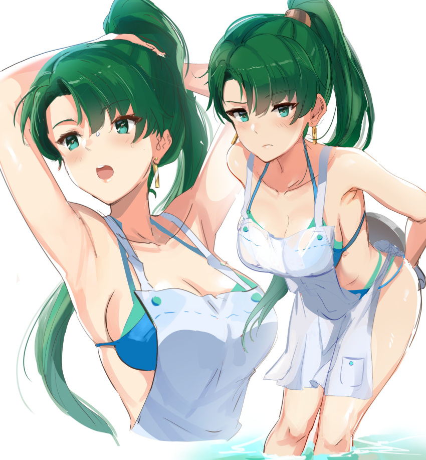 1girl absurdres apron armpits arms_behind_head arms_up bangs bare_shoulders bikini blue_bikini blush breasts closed_mouth collarbone earrings fire_emblem fire_emblem:_rekka_no_ken green_eyes green_hair high_ponytail highres intelligent_systems jewelry large_breasts long_hair looking_at_viewer lyndis_(fire_emblem) multiple_views nintendo open_mouth ormille ponytail simple_background smile swimsuit thighs very_long_hair white_background