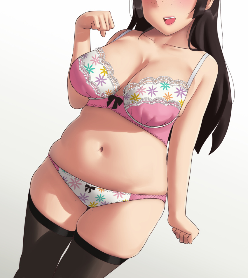 1girl belly black_legwear bra breasts brown_hair commentary_request curvy freckles head_out_of_frame highres lace lace-trimmed_bra large_breasts long_hair midriff navel open_mouth original panties plump ryokucha_michi simple_background skindentation smile thighs underwear white_background