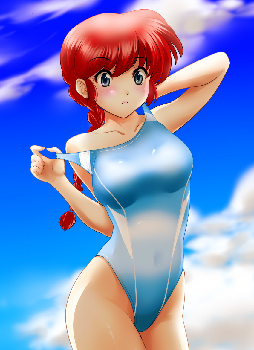 1girl absurdres bangs blue_eyes blue_sky blue_swimsuit blush braid breasts closed_mouth collarbone commentary_request competition_swimsuit covered_navel cowboy_shot day embarrassed eyebrows_visible_through_hair frown genderswap genderswap_(mtf) hair_tie highleg highleg_swimsuit highres lips long_hair looking_at_viewer medium_breasts nanao_futaba one-piece_swimsuit outdoors partial_commentary pulled_by_self ranma-chan ranma_1/2 redhead saotome_ranma single_braid sky solo standing strap_slip swimsuit swimsuit_pull thighs wavy_mouth
