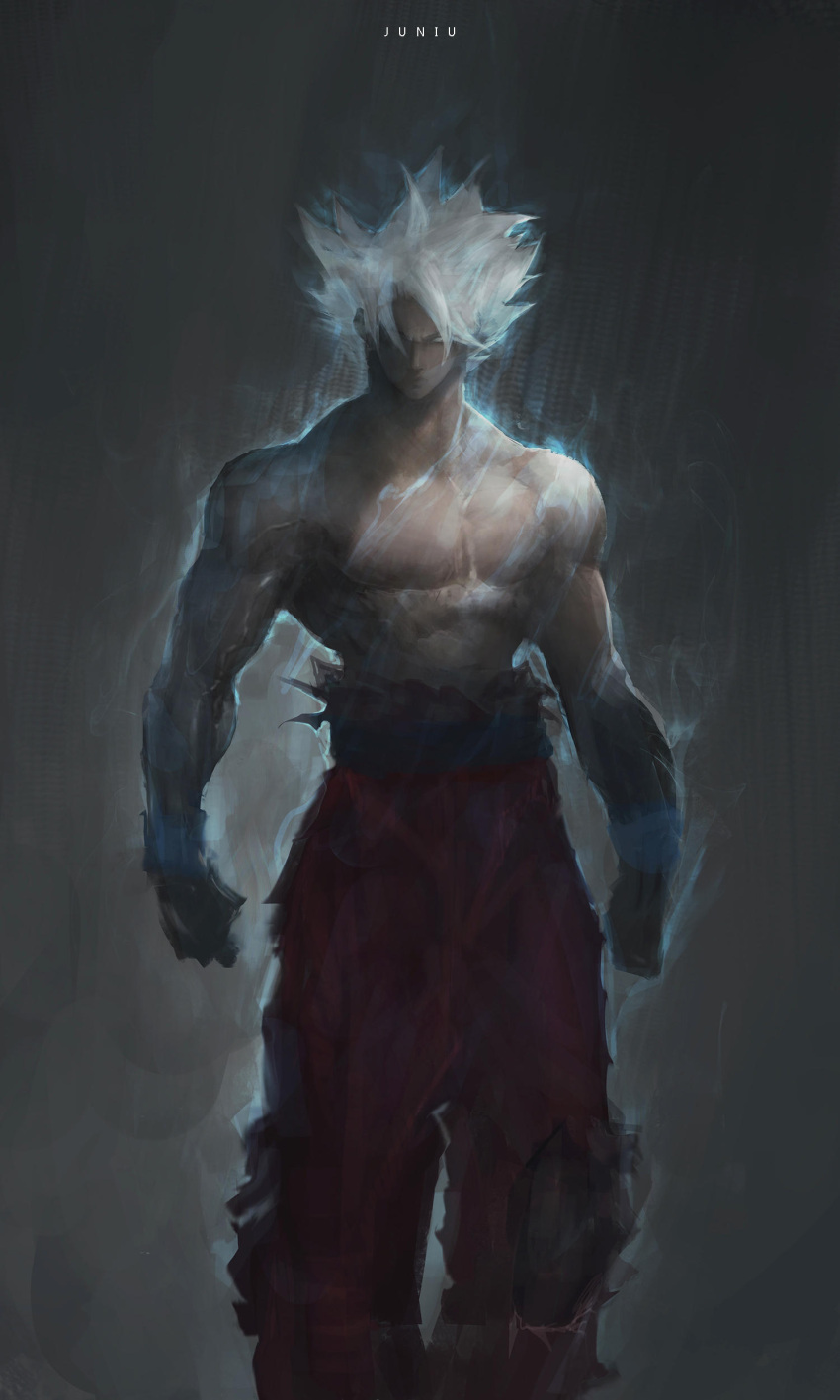1boy absurdres artist_name aura bare_chest biceps chest commentary dark_background dragon_ball dragon_ball_super glowing hair_over_one_eye highres juniu21 looking_at_viewer muscle pants pectorals sash shirtless silver_hair solo son_gokuu spiky_hair standing torn_clothes torn_pants ultra_instinct wristband