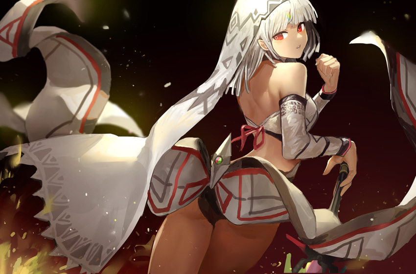 1girl altera_(fate) ass bangs blunt_bangs breasts commentary crop_top danann dark_skin detached_sleeves fate/grand_order fate_(series) from_behind gradient gradient_background looking_back parted_lips red_eyes short_hair simple_background small_breasts solo standing sword veil weapon white_hair