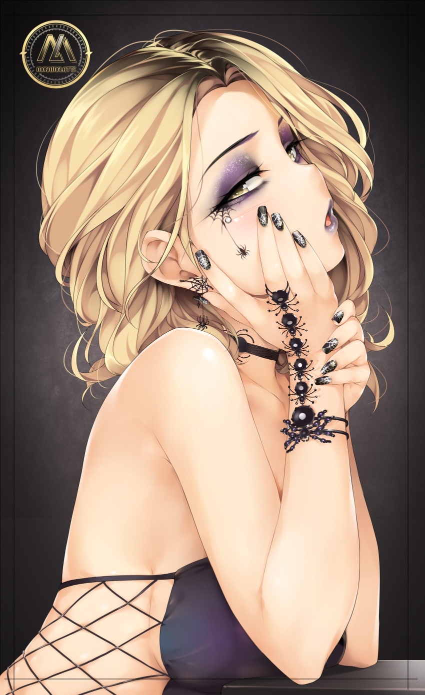 absurdres bikini_top black_nails blonde_hair bug commentary earrings english_commentary fishnets gold halloween highres jewelry kopianget lipstick looking_at_viewer makeup mascara molie_lindsey nail_art nail_polish spider spider_web_print stayblack strapless yellow_eyes