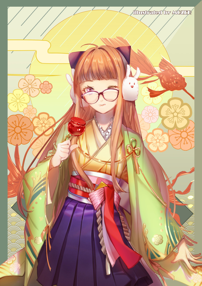 1girl ;) absurdres ahoge animal_ears artist_name bangs black-framed_eyewear blue_hakama blunt_bangs brown_hair candy_apple cat_ears cowboy_shot fake_animal_ears floating_hair food hakama hakama_skirt haori highres holding japanese_clothes kimono long_hair looking_at_viewer mozer_(zerlinda) obi one_eye_closed persona persona_5 sakura_futaba sash shiny shiny_hair smile solo standing very_long_hair yellow_kimono