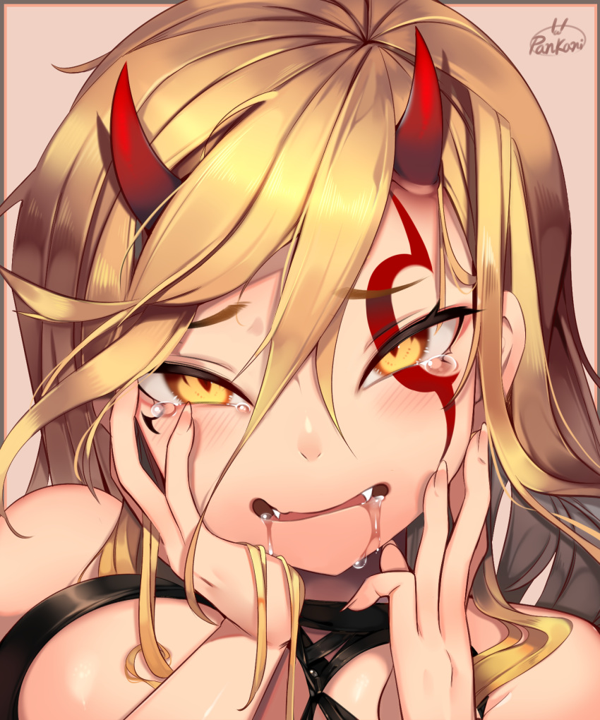 1girl blonde_hair blush commentary commission facial_mark fangs hands_on_own_face highres horns looking_at_viewer oni oni_horns original saliva smile solo tears user_wcgm5435 yellow_eyes