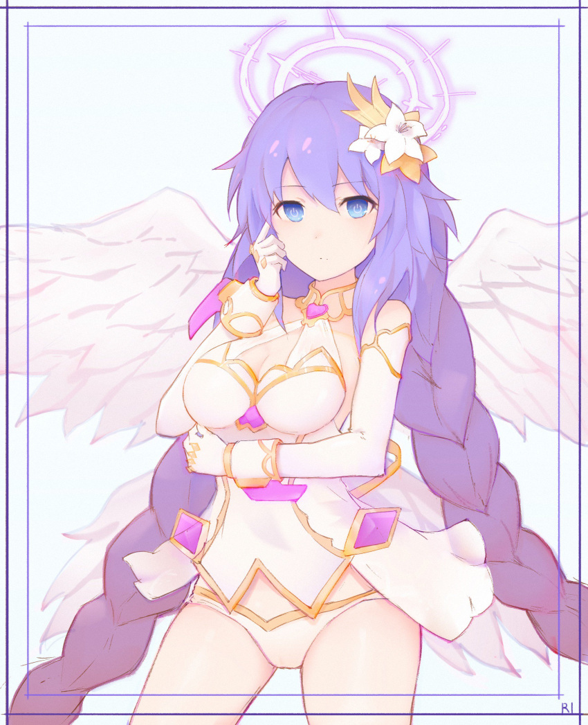 1girl angel_wings bad_id bad_twitter_id bangs bare_shoulders border breasts closed_mouth cowboy_shot eyebrows_visible_through_hair feathered_wings flower four_goddesses_online:_cyber_dimension_neptune hair_between_eyes hair_flower hair_ornament halo highres large_breasts long_hair long_sleeves looking_at_viewer nasti_(rerorero0000) neptune_(series) purple_hair purple_heart shirt sidelocks simple_background solo standing symbol-shaped_pupils very_long_hair white_background white_shirt wings