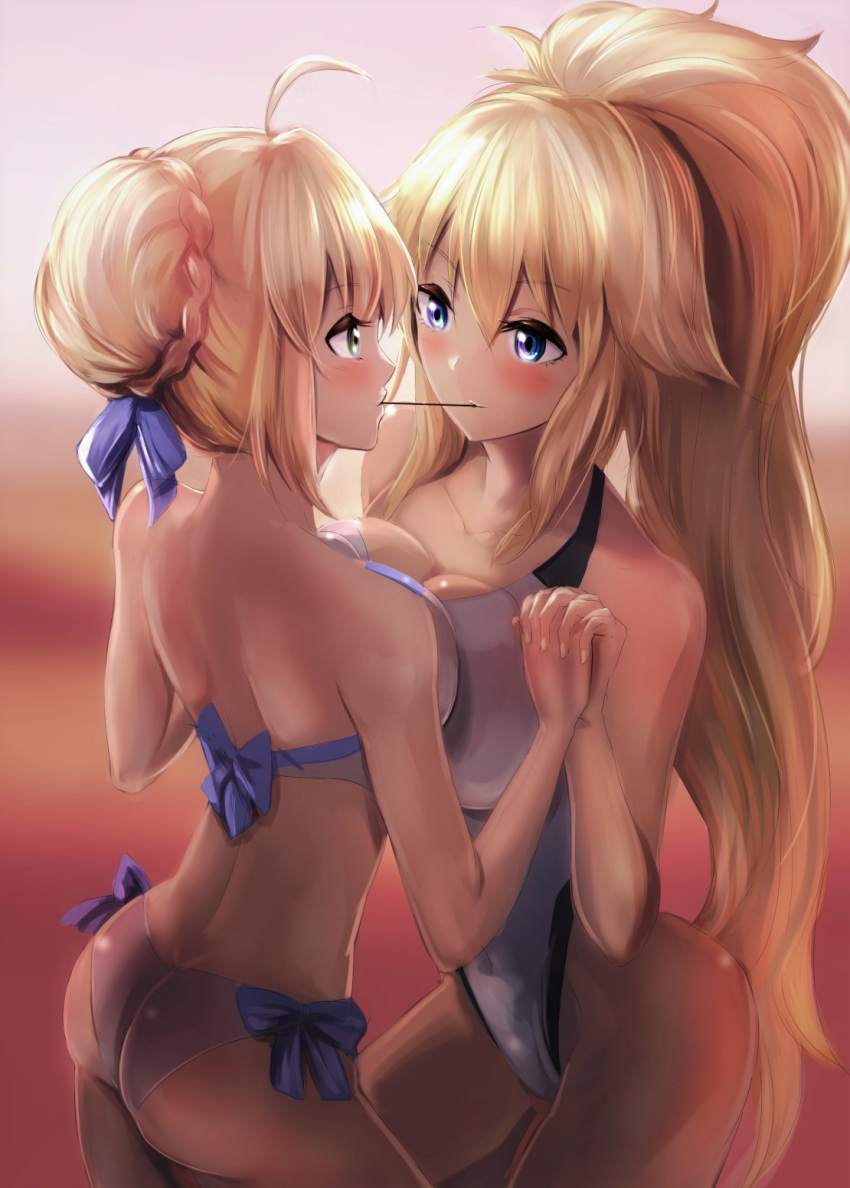 2girls artoria_pendragon_(all) artoria_pendragon_(swimsuit_archer) ass blonde_hair blue_eyes breast_squeeze breasts fate/grand_order fate_(series) food green_eyes highres holding_hands jeanne_d'arc_(fate)_(all) jeanne_d'arc_(swimsuit_archer) long_hair multiple_girls pocky pocky_kiss swimsuit uenoryoma