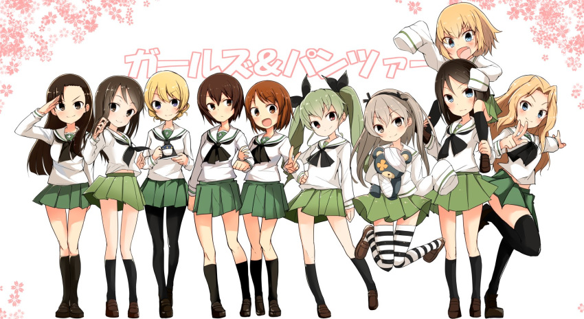 6+girls alternate_costume anchovy arm_grab asymmetrical_bangs bangs barashiya black_legwear black_neckwear black_ribbon blonde_hair blouse blue_eyes boko_(girls_und_panzer) braid brown_eyes brown_footwear brown_hair carrying cast closed_mouth commentary copyright_name cup darjeeling eyebrows_visible_through_hair fang floral_background girls_und_panzer green_hair green_skirt hair_intakes hair_ribbon highres holding jumping katyusha kay_(girls_und_panzer) kneehighs leg_up light_brown_hair light_smile loafers long_hair long_sleeves looking_at_viewer microskirt mika_(girls_und_panzer) miniskirt multiple_girls neckerchief nishi_kinuyo nishizumi_maho nishizumi_miho no_hat no_headwear nonna odd_one_out ooarai_school_uniform open_mouth oversized_clothes pantyhose pleated_skirt red_eyes ribbon salute saucer school_uniform serafuku shimada_arisu shoes short_hair shoulder_carry siblings sisters skirt sleeves_past_wrists smile standing standing_on_one_leg striped striped_legwear swept_bangs teacup thigh-highs thigh_gap tied_hair trait_connection translated twin_braids twintails v white_background white_blouse