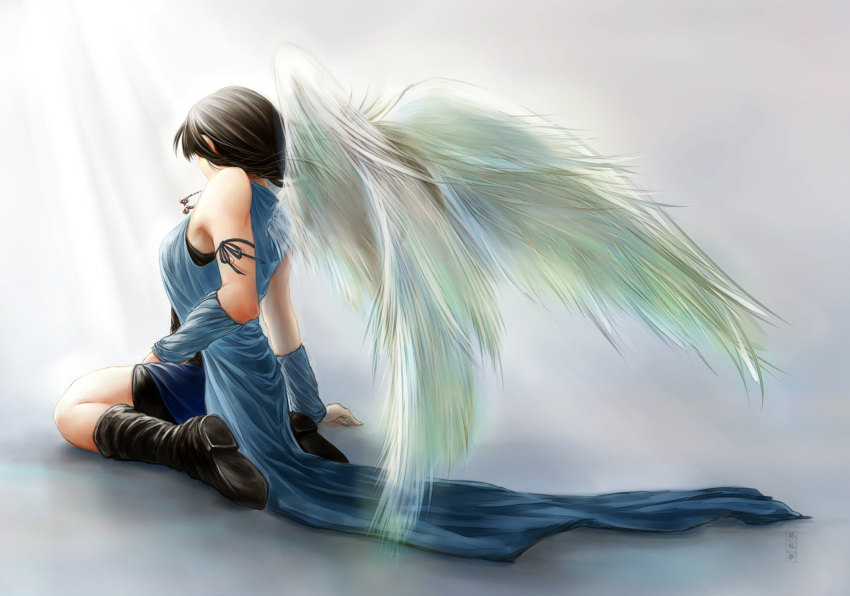 1girl black_hair boots commentary comustdream final_fantasy final_fantasy_viii from_behind highres long_hair rinoa_heartilly sitting solo wings