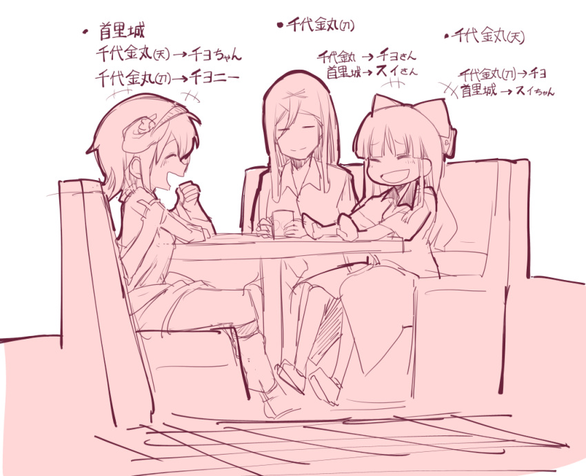 1boy 2girls ^_^ booth chiyoganemaru chiyoganemaru_(tenka_hyakken) closed_eyes crossover hairband laughing long_hair multiple_crossover multiple_girls oshiro_project oshiro_project_re short_hair shuri_(oshiro_project) sketch smile tenka_hyakken tominofujin touken_ranbu trait_connection translated