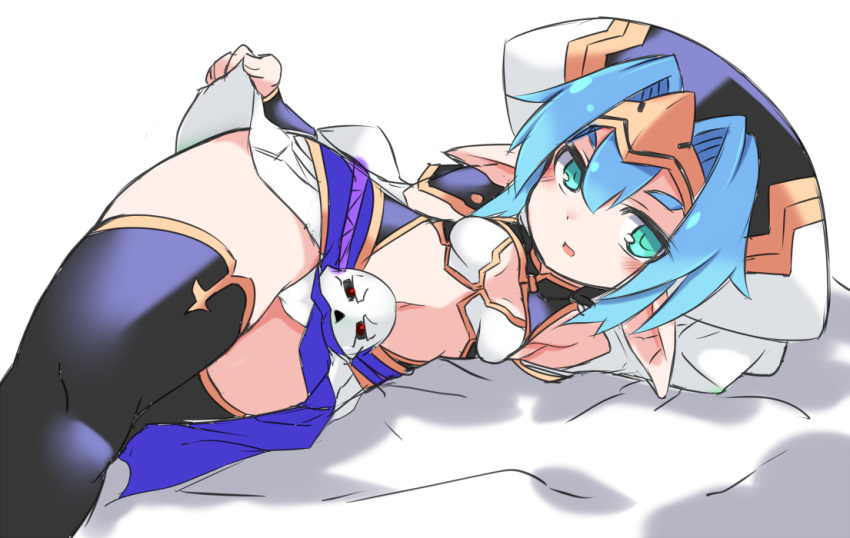 1girl armpits bangs bed_sheet black_legwear blue_hair blush breasts glowing glowing_eyes green_eyes hair_between_eyes hair_intakes hat headpiece hellmatio karukan_(monjya) lifted_by_self long_sleeves lying navel on_side parted_lips pointy_ears puffy_long_sleeves puffy_sleeves purple_headwear shinrabanshou skirt skirt_lift skull small_breasts solo thick_eyebrows thigh-highs white_background white_skirt