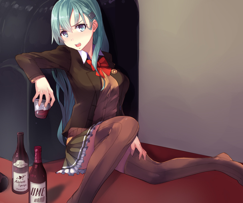 1girl apo_(apos2721) aqua_hair black_jacket blazer blue_eyes bottle bow bowtie breasts brown_cardigan brown_legwear cup drunk frilled_skirt frills hair_between_eyes hair_ornament hairclip holding holding_cup indoors jacket kantai_collection long_hair long_sleeves looking_at_viewer medium_breasts miniskirt open_blazer open_clothes open_jacket open_mouth pleated_skirt red_bow remodel_(kantai_collection) school_uniform shiny shiny_hair sitting skirt solo suzuya_(kantai_collection) thigh-highs very_long_hair wine_bottle zettai_ryouiki