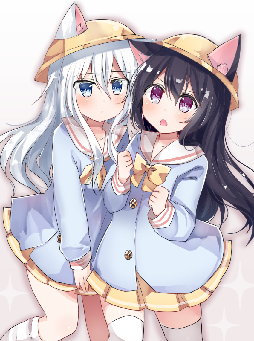 2girls absurdres akatsuki_(kantai_collection) animal_ear_fluff animal_ears azur_lane bangs black_hair blue_eyes blue_shirt bow bowtie brown_background cat_ears clenched_hands closed_mouth commentary_request cosplay ears_through_headwear eyebrows_visible_through_hair gradient gradient_background hair_between_eyes hat hibiki_(kantai_collection) highres kantai_collection kemonomimi_mode kindergarten_uniform kisaragi_(azur_lane) kisaragi_(azur_lane)_(cosplay) long_hair long_sleeves looking_at_viewer loose_socks multiple_girls mutsuki_(azur_lane) mutsuki_(azur_lane)_(cosplay) namekuji_(namekuzu) neckerchief open_mouth pleated_skirt sailor_collar school_hat shirt silver_hair skirt sleeves_past_wrists sparkle standing standing_on_one_leg thigh-highs very_long_hair violet_eyes white_background white_legwear white_sailor_collar yellow_headwear yellow_neckwear yellow_skirt