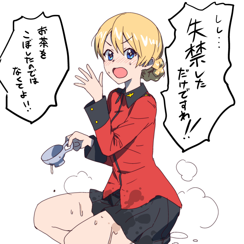 1girl bangs black_skirt blonde_hair blue_eyes blush braid closed_mouth cup darjeeling embarrassed epaulettes eyebrows_visible_through_hair frown girls_und_panzer highres holding holding_cup jacket long_sleeves looking_at_viewer military military_uniform miniskirt onsen_tamago_(hs_egg) pleated_skirt red_jacket short_hair sitting skirt solo spill st._gloriana's_military_uniform sweatdrop teacup tied_hair translated uniform wet wet_clothes wet_skirt