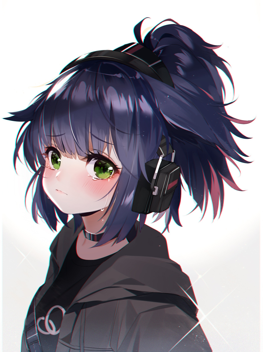 1girl arknights bangs baocaizi black_choker black_shirt blush choker closed_mouth crying crying_with_eyes_open ear_protection eyebrows_visible_through_hair gradient gradient_background green_eyes grey_background grey_jacket hair_flaps high_ponytail highres jacket jessica_(arknights) looking_at_viewer multicolored_hair open_clothes open_jacket ponytail purple_hair redhead shirt solo sparkle tears two-tone_hair upper_body white_background