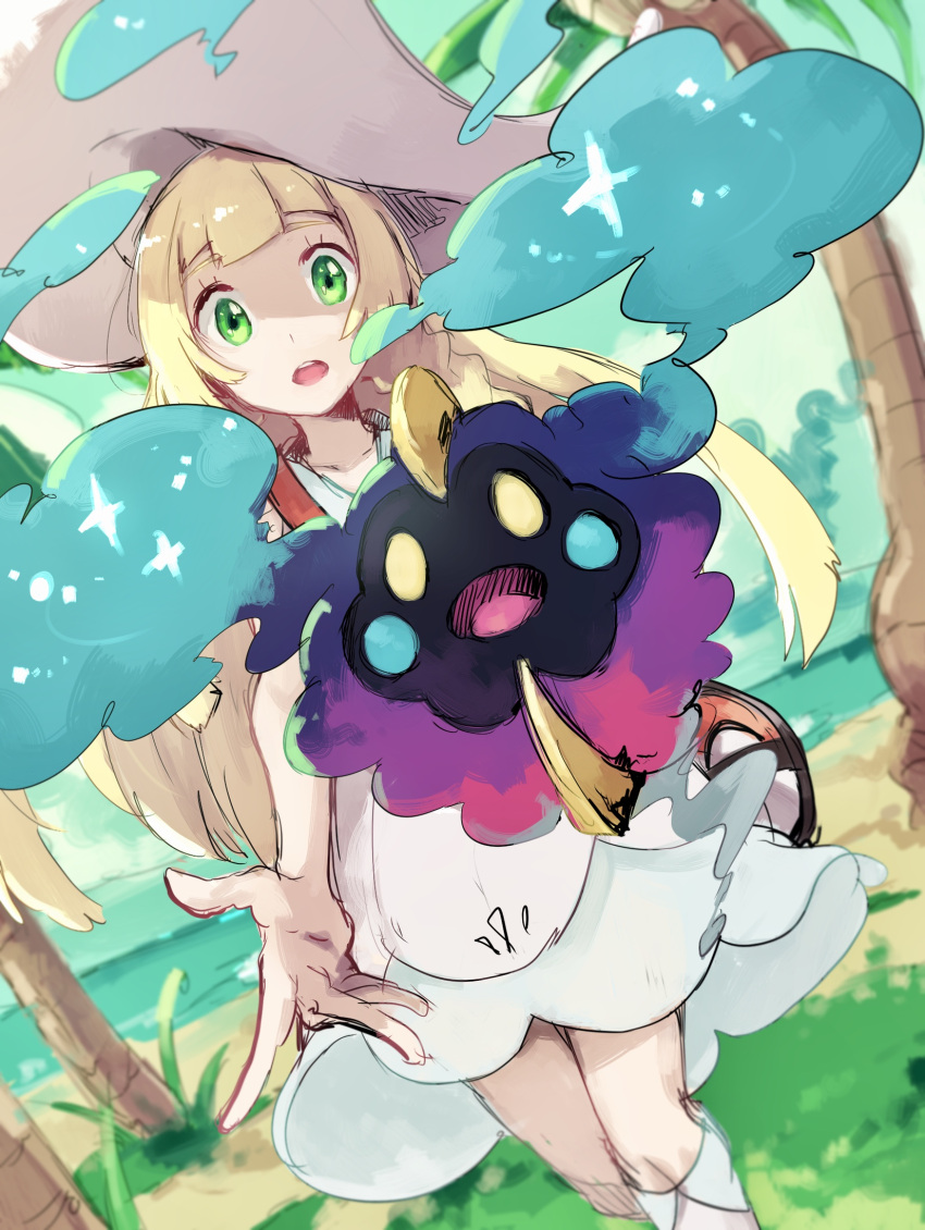 1girl bag beach blank_eyes blonde_hair blue_sky chestnut_mouth cosmog day dress duffel_bag dutch_angle gen_7_pokemon grass green_eyes hat highres horizon kneehighs lillie_(pokemon) long_hair looking_at_viewer ocean open_mouth outdoors outstretched_arm palm_tree palms poke_ball_theme pokemon pokemon_(creature) pokemon_(game) pokemon_sm sand sketch sky standing sun_hat takase_(takase1214) teeth tree very_long_hair water white_dress white_headwear white_legwear yellow_eyes