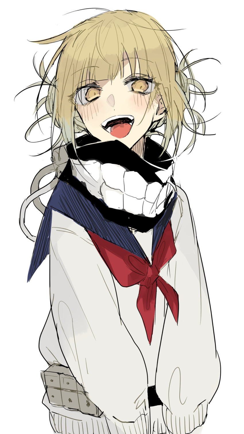 0mot 1girl blonde_hair blush boku_no_hero_academia double_bun eyebrows_visible_through_hair fangs highres messy_hair open_mouth school_uniform serafuku short_hair sketch smile solo toga_himiko upper_body white_background yellow_eyes