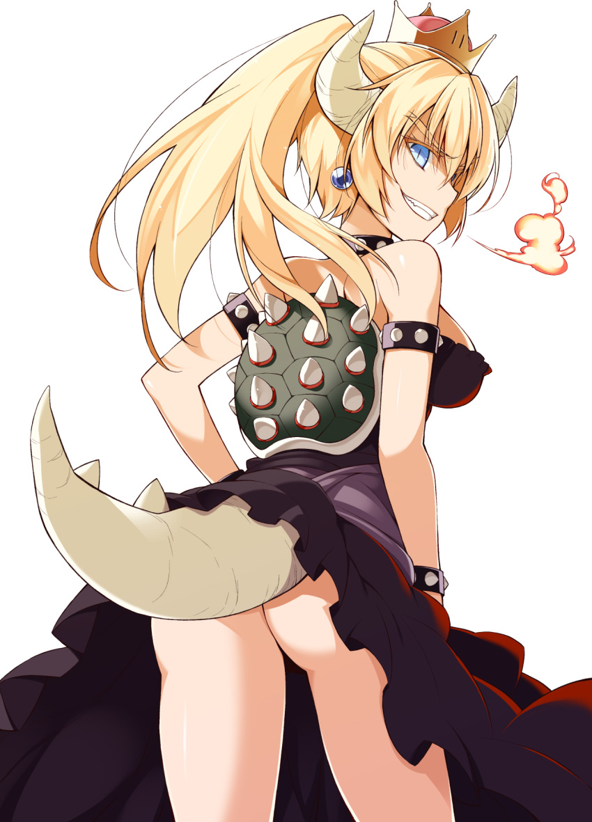 1girl ass bare_shoulders blonde_hair blue_eyes bowsette bracelet breasts breath breathing_fire collar commentary_request crown dress earrings eyebrows_visible_through_hair fang fire from_behind grin highres horns jewelry large_breasts long_dress looking_at_viewer looking_back super_mario_bros. new_super_mario_bros._u_deluxe no_panties oota_yuuichi ponytail simple_background slit_pupils smile solo spiked_bracelet spiked_collar spikes standing super_crown tail turtle_shell white_background
