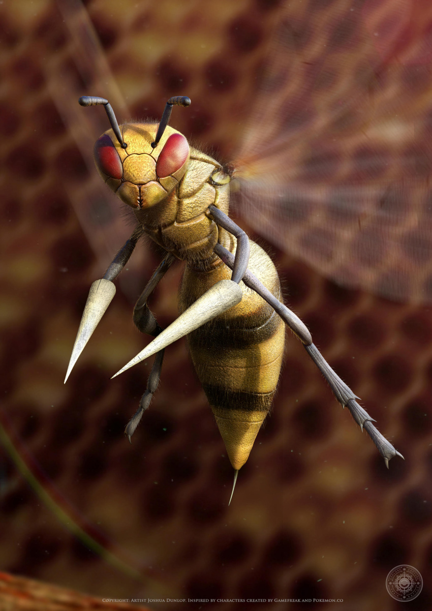 absurdres bee beedrill bug creature deviantart_username english_text flying full_body highres insect joshua_dunlop looking_at_viewer pokemon pokemon_(creature) realistic red_eyes solo