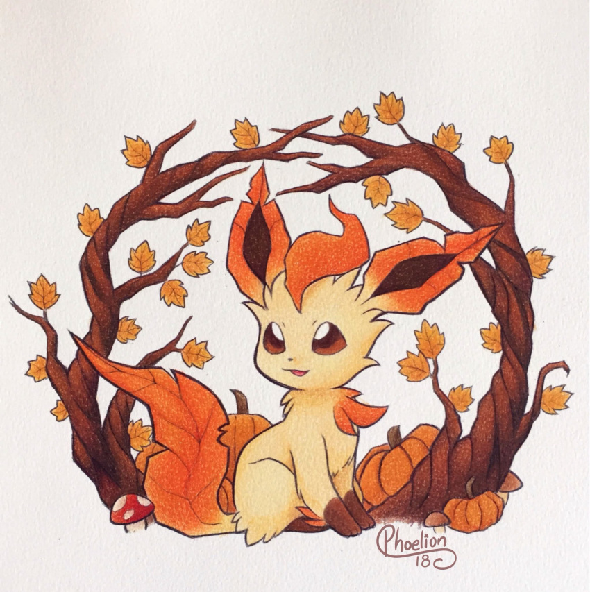 alternate-colored_non-shiny_pokemon alternate_color artist_name autumn autumn_leaves brown_eyes brown_sclera commentary dated english_commentary full_body gen_4_pokemon happy highres leaf leafeon mushroom no_humans open_mouth phoelion pokemon pokemon_(creature) pumpkin scan signature sitting smile solo traditional_media tree white_background