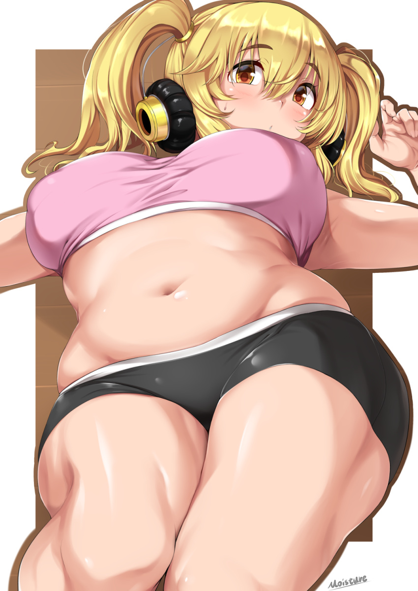 1girl armpits artist_name ass bad_id bad_pixiv_id bare_arms bare_shoulders belly black_shorts blonde_hair blush breasts breasts_apart chestnut_mouth commentary covered_nipples cowboy_shot crop_top curvy eyebrows_visible_through_hair headphones highres large_breasts long_hair looking_at_viewer lying midriff moisture_(chichi) navel nitroplus no_bra on_back open_mouth orange_eyes outside_border pink_shirt plump puffy_nipples shiny shiny_clothes shiny_skin shirt short_shorts shorts signature skindentation solo super_pochaco thick_thighs thighs twintails wide_hips
