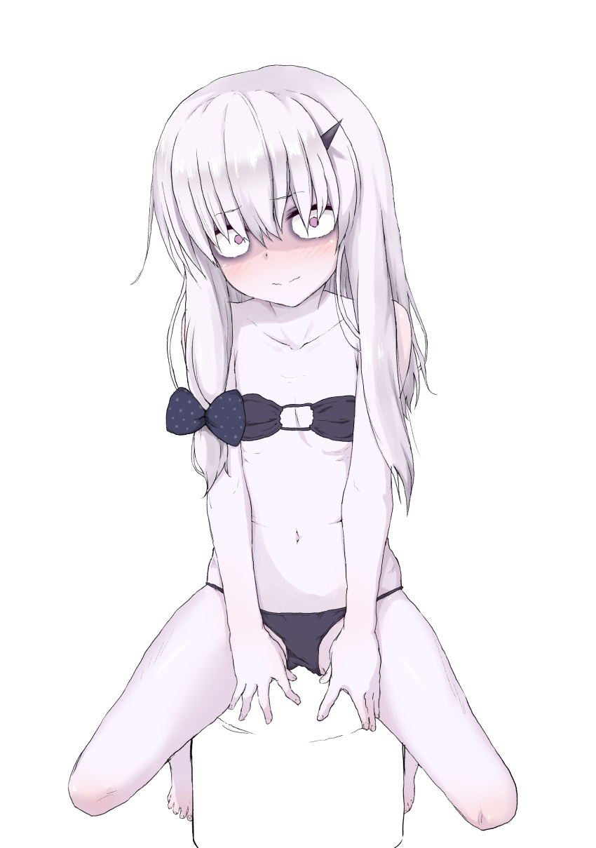 1girl absurdres bags_under_eyes bangs bare_arms bare_shoulders bikini black_bikini black_bow blush bow closed_mouth collarbone commentary_request eyebrows_visible_through_hair fate/grand_order fate_(series) fingernails hair_between_eyes hair_bow head_tilt highres lavinia_whateley_(fate/grand_order) long_hair looking_at_viewer navel pale_skin polka_dot polka_dot_bow silver_hair simple_background sitting solo swimsuit violet_eyes wavy_mouth white_background wide-eyed yakihebi