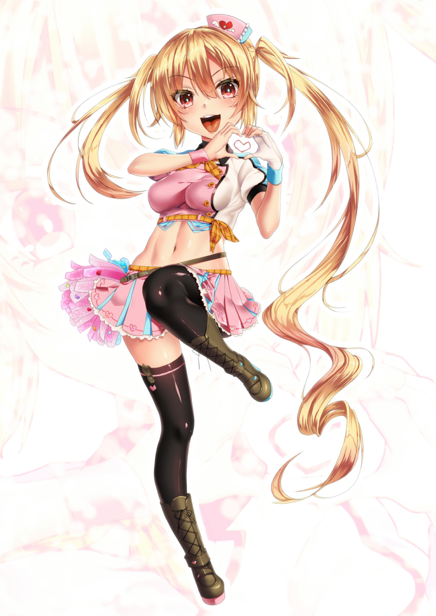 1girl asymmetrical_hair black_legwear blonde_hair boots commentary_request crop_top cross-laced_footwear full_body hands_up heart heart_hands highres keita_(tundereyuina) lace-up_boots leg_up long_hair looking_at_viewer midriff miniskirt mirai_akari mirai_akari_project multicolored multicolored_clothes multicolored_skirt navel open_mouth original plaid pleated_skirt red_eyes skirt solo stomach thigh-highs thigh_boots thighhighs_under_boots twintails very_long_hair virtual_youtuber zoom_layer