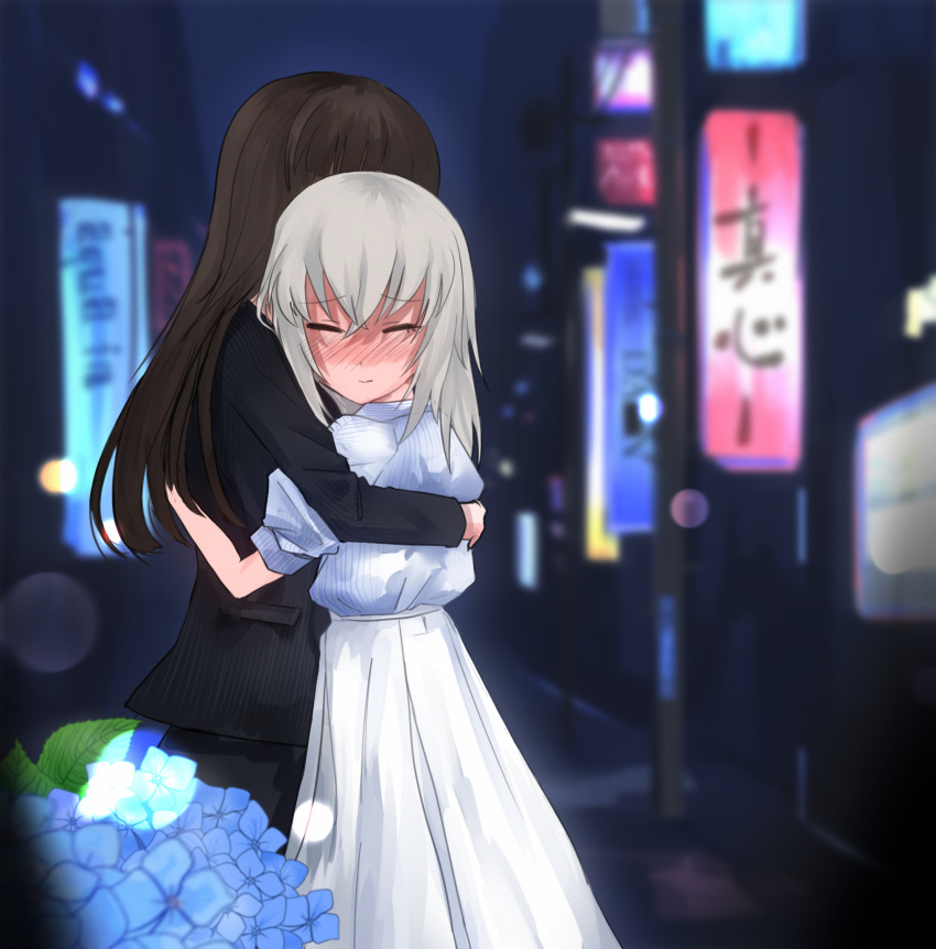 2girls age_difference alternate_costume blush casual closed_eyes commentary_request dress flower girls_und_panzer highres hug itsumi_erika lamppost multiple_girls night nishizumi_shiho road road_sign sign street toku_(yhpv8752) yuri