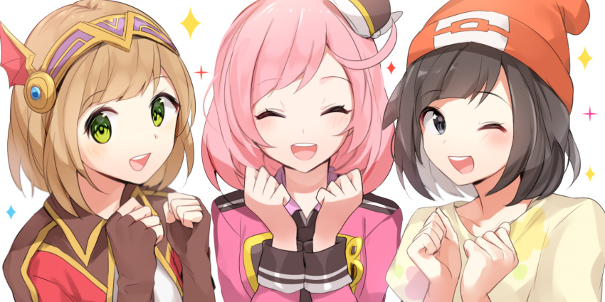 3girls ayase_naru beanie black_eyes black_gloves black_hair blush brown_hair character_request clenched_hands closed_eyes collarbone commentary_request crossover eyebrows_visible_through_hair fingerless_gloves gloves green_eyes hairband hands_up happy hat jacket light_blush long_sleeves mizuki_(pokemon) multiple_crossover multiple_girls one_eye_closed open_mouth pink_hair pink_jacket poke_ball_symbol poke_ball_theme pokemon pokemon_(game) pokemon_sm pretty_(series) pretty_rhythm pretty_rhythm_rainbow_live red_headwear shiny shiny_hair shirt short_hair short_sleeves simple_background smile sparkle teeth white_background yellow_shirt yuhi_(hssh_6)