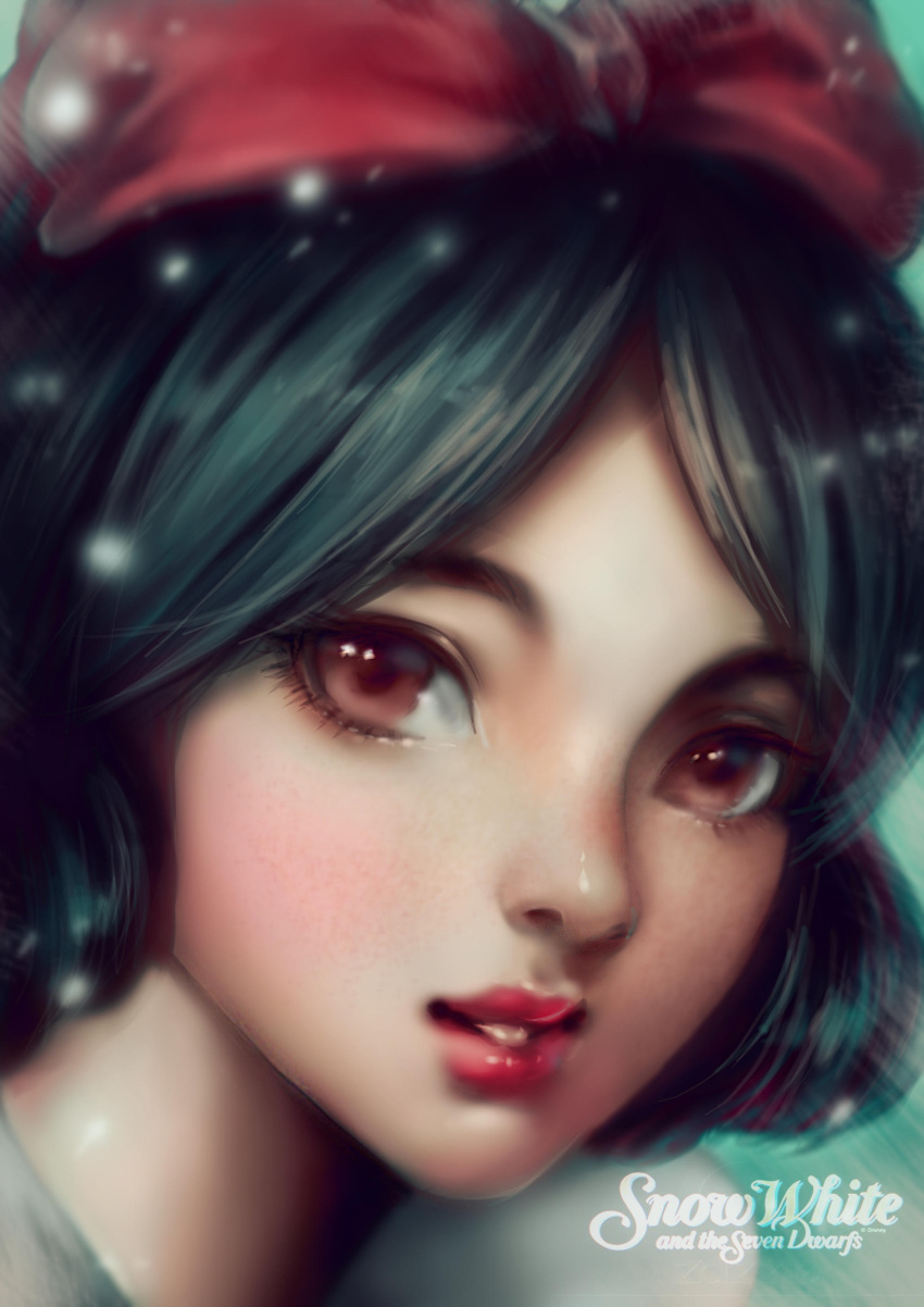 1girl absurdres bangs black_hair brown_eyes commentary copyright_name david_mccartney highres lips looking_at_viewer nose parted_bangs parted_lips portrait red_lips snow_white_(disney) snow_white_and_the_seven_dwarfs solo