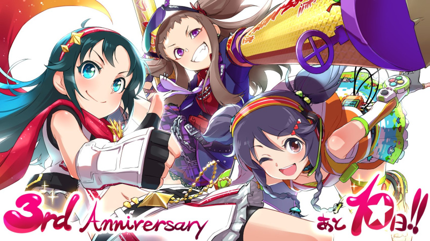 3girls anniversary artist_request bangs belt bike_shorts black_eyes black_hair blazer blue_eyes blue_hair braid brown_hair collared_shirt commentary countdown eyewear_on_head fang fingerless_gloves gloves grin hair_ornament hairband hairpin half_updo highres hood hood_down hoodie idolmaster idolmaster_cinderella_girls idolmaster_cinderella_girls_starlight_stage jacket koseki_reina long_hair looking_at_viewer miyoshi_sana multiple_girls nanjou_hikaru necktie official_art pixel_heart plaid plaid_skirt pleated_skirt purple_neckwear red_scarf red_shirt scarf shirt short_messy_bangs shorts shorts_under_skirt simple_background skirt smile sunglasses thumbs_up toy_gun translated twin_braids twintails violet_eyes white_background