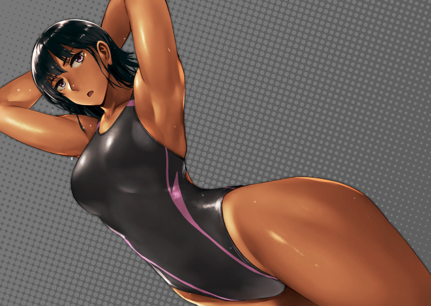 1girl armpits arms_behind_head bangs black_hair black_swimsuit breasts competition_swimsuit dark_skin dutch_angle grey_background halftone halftone_background looking_at_viewer one-piece_swimsuit one-piece_tan open_mouth original short_hair solo swimsuit takebouzu tan tanline thighs toned violet_eyes wet