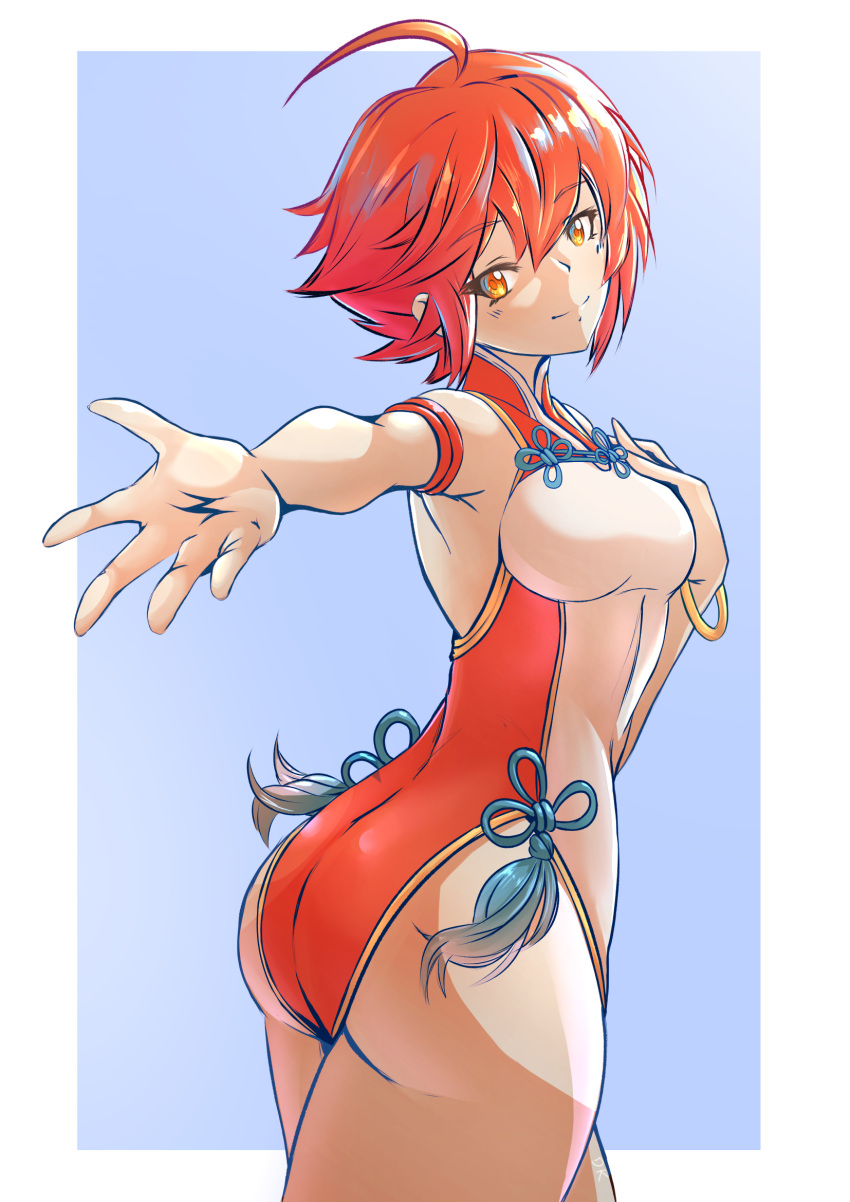 1girl ass ass_visible_through_thighs bare_arms bare_legs bikini blue_background breasts butt_crack deekei fire_emblem fire_emblem_if hand_on_breast hands happy highres hinoka_(fire_emblem_if) legs looking_at_viewer one-piece_swimsuit orange_eyes reaching reaching_out red_swimsuit redhead short_hair simple_background small_breasts smile solo swimsuit tassel thighs tight twisted_torso white_swimsuit