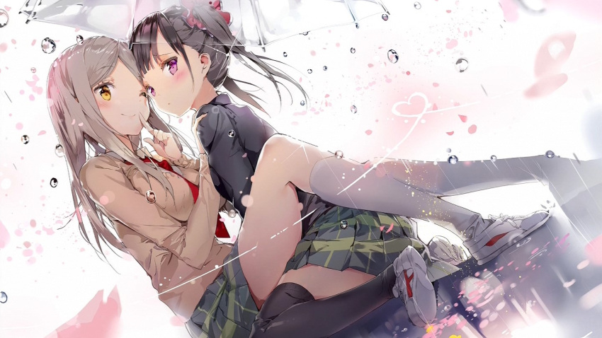 2girls ;) anmi black_legwear blonde_hair blush end_card finger_to_mouth forehead-to-forehead hair_ornament hand_on_another's_shoulder heart long_hair looking_at_viewer minami_shizuku multiple_girls necktie noda_kotone one_eye_closed petals pleated_skirt rain sakura_trick screencap shoes skirt smile straddling thigh-highs transparent transparent_umbrella twintails umbrella upright_straddle violet_eyes water_drop white_background white_legwear yellow_eyes yuri zettai_ryouiki