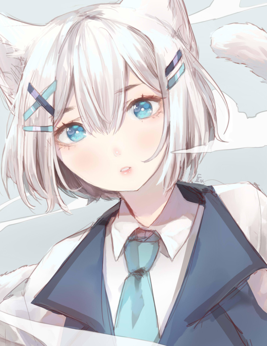 1girl absurdres animal_ears aqua_neckwear bangs blue_eyes cat_ears cat_girl cat_tail collared_shirt commentary commission dochanhee english_commentary hair_between_eyes hair_ornament head_tilt highres looking_at_viewer necktie original shirt short_hair solo tail white_hair wing_collar x_hair_ornament