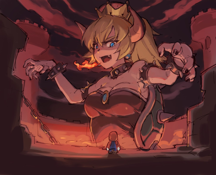 1boy 1girl bare_shoulders blonde_hair blue_eyes bowsette bracelet breasts collar commentary_request crown dress fire giantess highres horns jewelry large_breasts mario super_mario_bros. new_super_mario_bros._u_deluxe ponytail spiked_bracelet spiked_collar spikes super_crown tugo