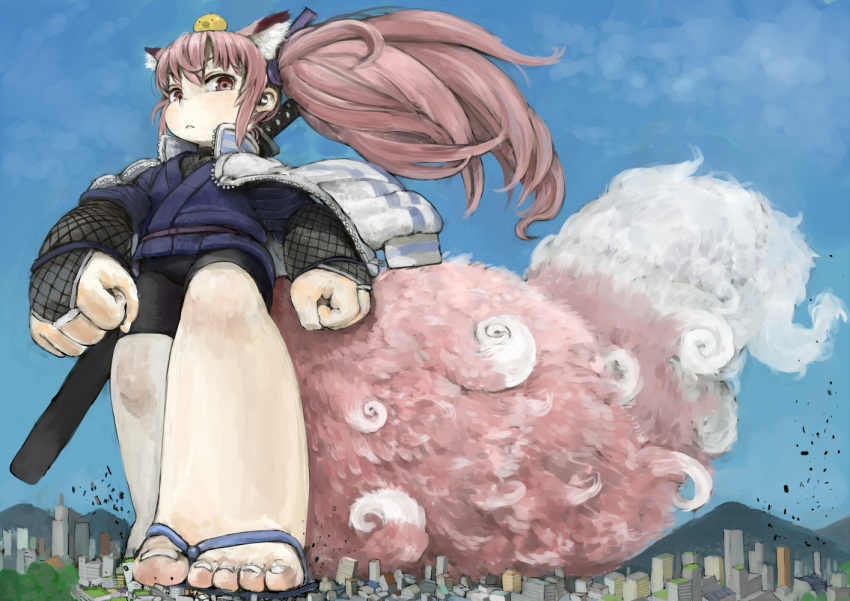 1girl animal animal_ears animal_on_head bike_shorts bird bird_on_head blue_sky bridal_gauntlets chick city closed_mouth clouds commentary_request day destruction ebimomo fishnets floating_hair fox_ears fox_tail giantess jacket katana large_tail long_hair looking_at_viewer ninja on_head original pink_eyes pink_hair sandals scabbard sheath sheathed side_ponytail sky solo standing sword tail toenails track_jacket walking weapon