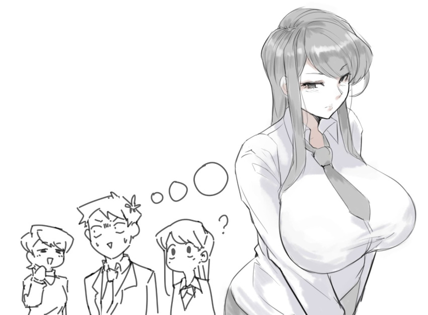 1boy 2girls ? alternate_breast_size bangs breasts commentary english_commentary eu03 eyebrows_visible_through_hair huge_breasts imagining komi-san_wa_komyushou_desu komi_shouko komi_shuuko long_hair mother_and_daughter multiple_girls necktie office_lady older shirt sidelocks silver_hair sketch swept_bangs tadano_hitohito thought_bubble