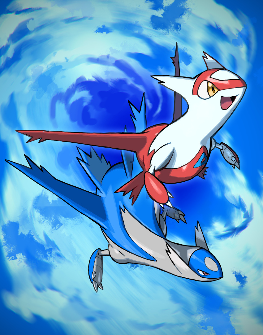 absurdres artist_request blue_sky claws clouds day dragon flying full_body gen_3_pokemon happy highres latias latios no_humans official_art open_mouth outdoors pokemon pokemon_(creature) red_eyes sky smile yellow_eyes