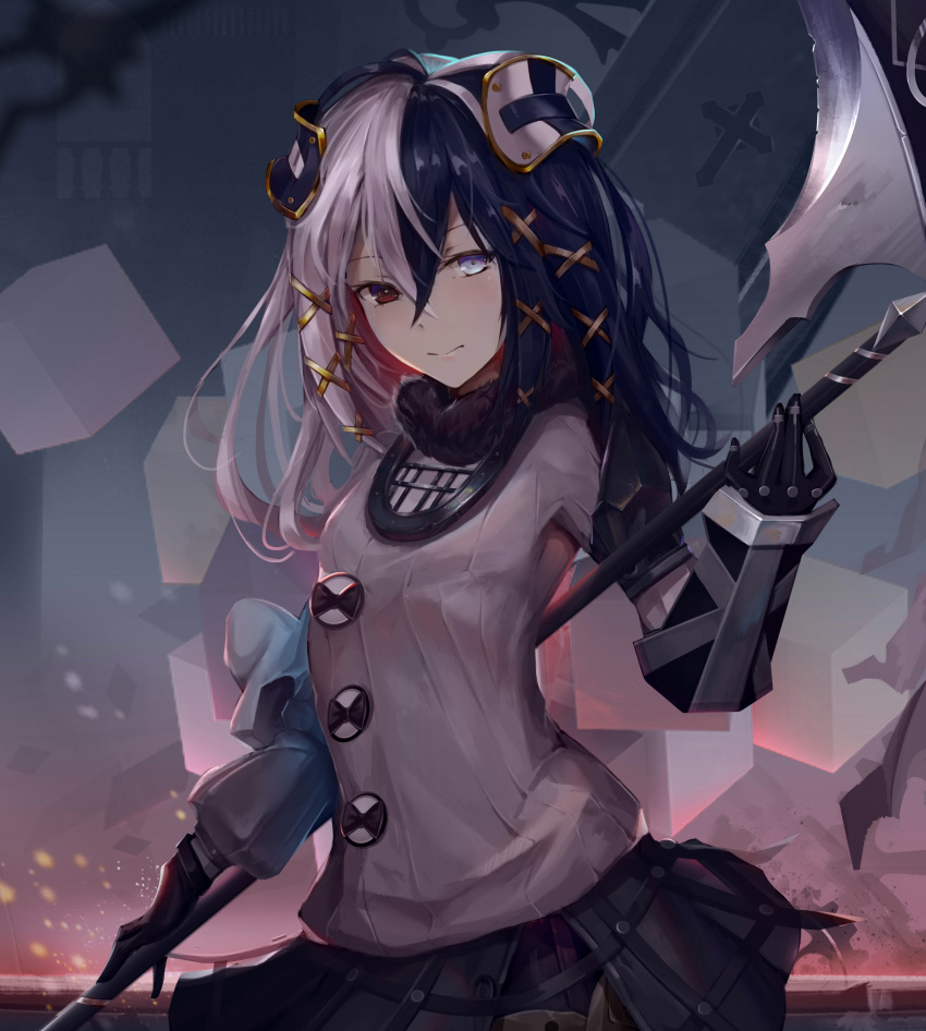 1girl absurdres black_gloves black_hair black_skirt blue_eyes gloves grey_sweater hair_between_eyes heterochromia highres holding holding_weapon long_hair looking_at_viewer miniskirt multicolored_hair overlord_(maruyama) polearm red_eyes shi_qi_kuang_beng silver_hair skirt smile solo standing sweater two-tone_hair weapon zesshi_zetsumei