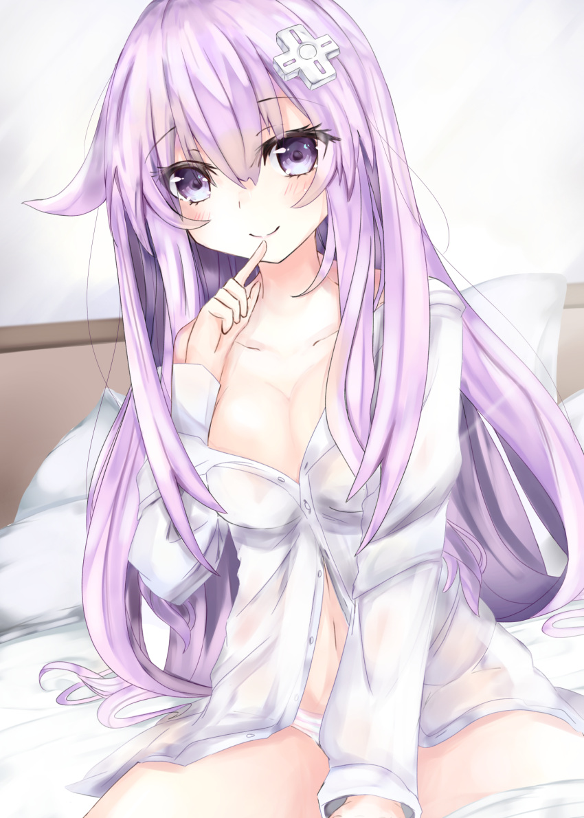 1girl bare_shoulders bed bimmy blush choujigen_game_neptune closed_mouth d-pad d-pad_hair_ornament dress_shirt eyebrows_visible_through_hair hair_between_eyes hair_ornament highres long_hair looking_at_viewer nepgear neptune_(series) pillow shirt smile solo white_shirt