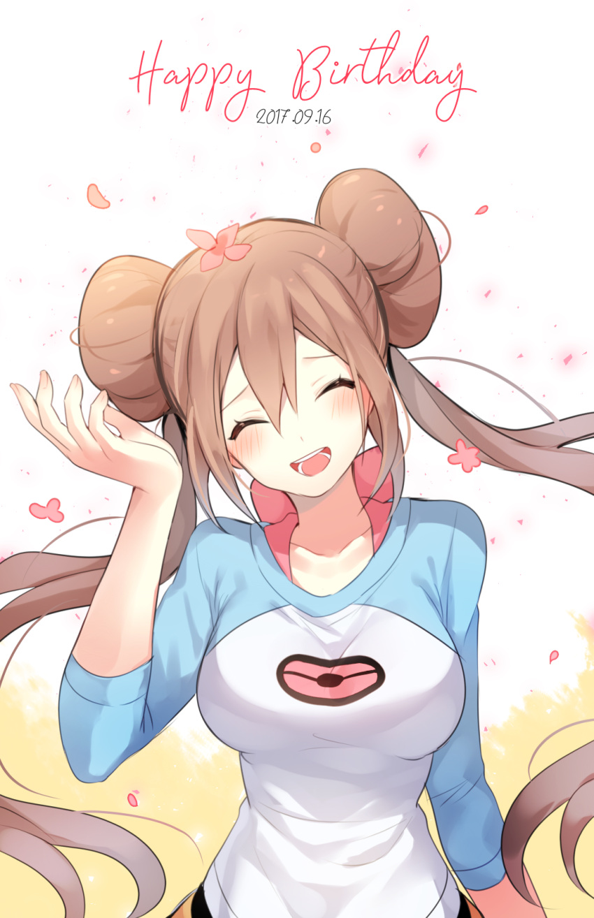 1girl blush breasts closed_eyes collarbone dated double_bun english_text flower hair_flower hair_ornament hand_up happy happy_birthday highres large_breasts long_hair multicolored_shirt open_mouth pantyhose petals pink_flower poke_ball_symbol poke_ball_theme pokemon pokemon_special shiny shiny_hair simple_background smile solo standing teeth tied_hair twintails upper_body whi-two_(pokemon) white_background yuhi_(hssh_6)