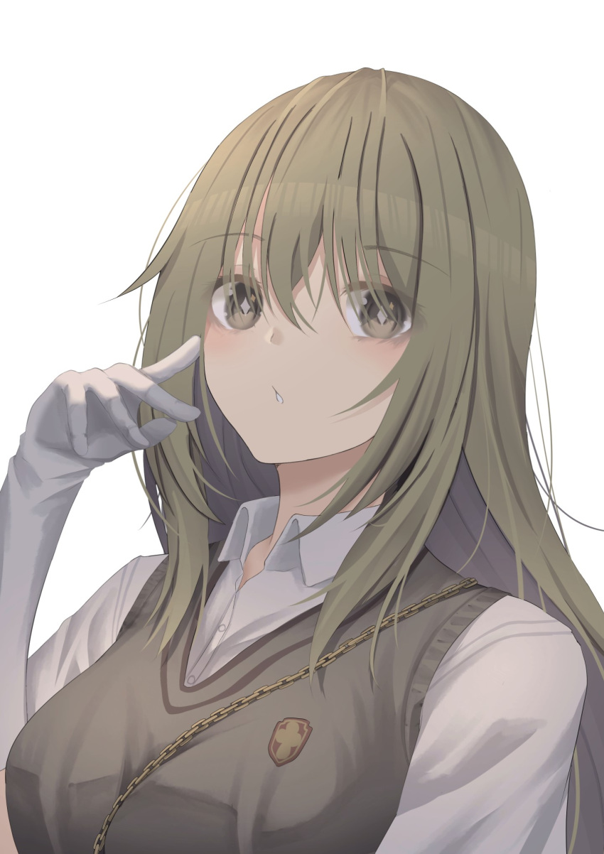 1girl araishi_maro blonde_hair breasts bright_pupils brown_eyes brown_sweater_vest collared_shirt commentary_request elbow_gloves gloves highres large_breasts long_hair looking_at_viewer portrait school_uniform shirt shokuhou_misaki short_sleeves simple_background solo sparkling_eyes sweater_vest symbol-shaped_pupils toaru_kagaku_no_mental_out toaru_kagaku_no_railgun toaru_majutsu_no_index tokiwadai_school_uniform white_background white_gloves white_pupils white_shirt