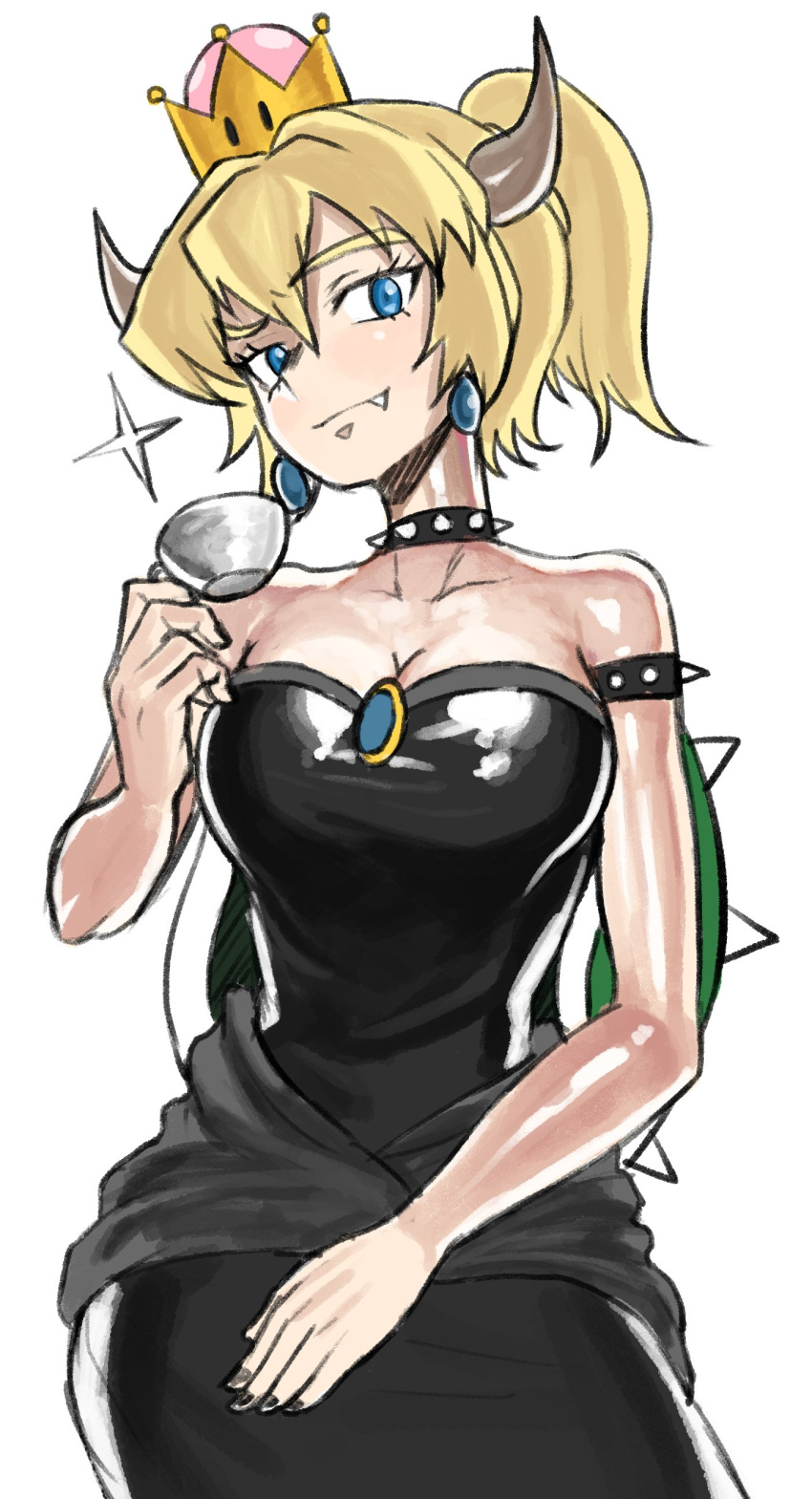 1girl absurdres black_dress blonde_hair blue_eyes bowsette breasts commentary_request crown cup dress earrings eyebrows eyebrows_visible_through_hair fang fang_out hair_ornament highres horns jewelry long_hair looking_at_viewer super_mario_bros. new_super_mario_bros._u_deluxe pendant ponytail sakakibara_anji shell short_hair simple_background sitting solo super_crown teacup white_background